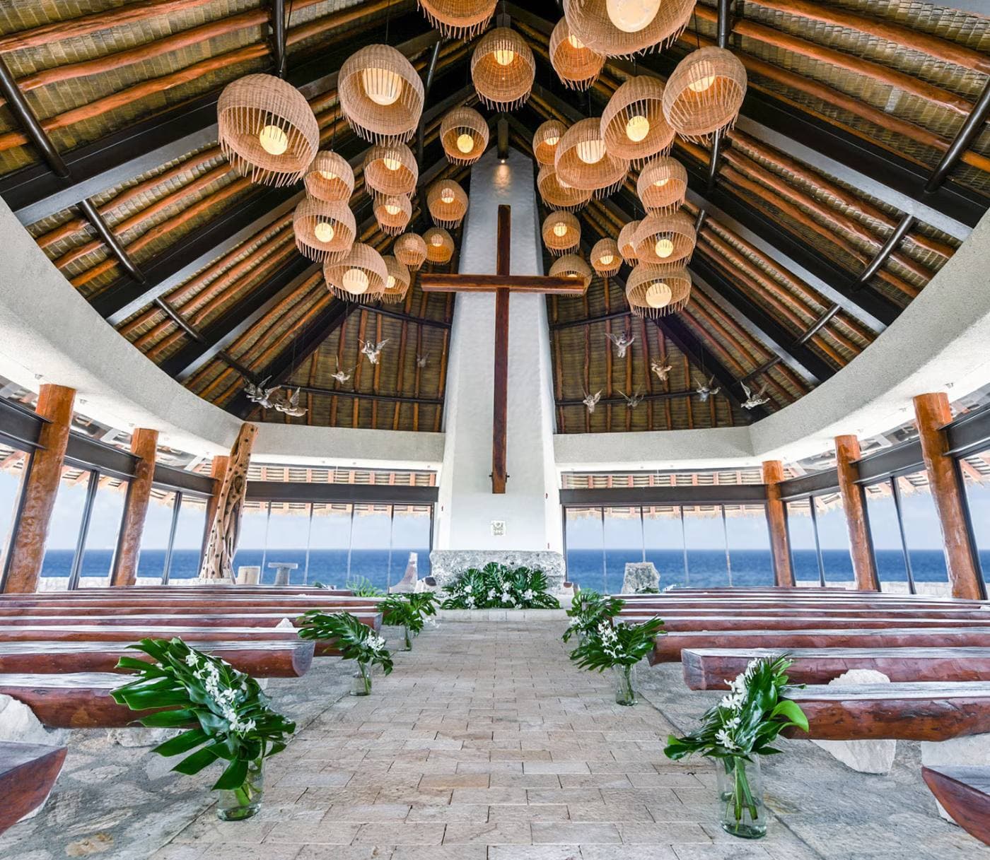 Inside the chapel, wood ceiling and ocean views on both sides