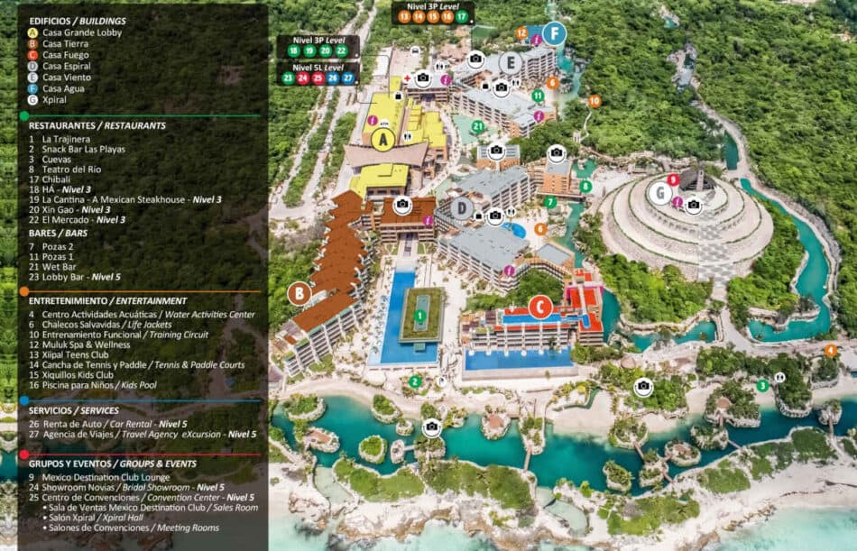 Hotel Xcaret Mexico resort property map showing casas, restaurants, and bars